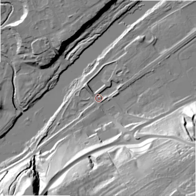 Shaded relief map of the ground around NE426NR, computed from Environment Agency LiDAR. The ground here sits at about 15 m above sea level and falls 61 m across the surrounding 800 m. Surface water reaching this point runs off ground lying to the south-east, 55.7 m higher.