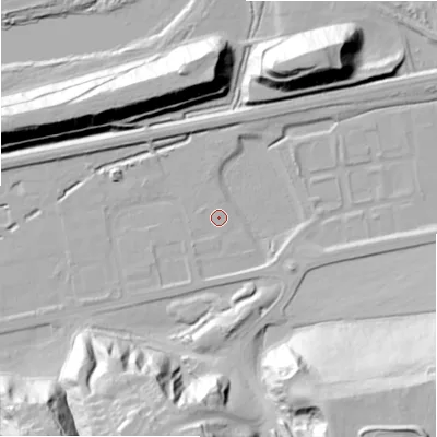 Shaded relief map of the ground around NE426PJ, computed from Environment Agency LiDAR. The ground here sits at about 12 m above sea level and falls 50 m across the surrounding 800 m. Surface water reaching this point runs off ground lying to the south-east, 47.7 m higher.