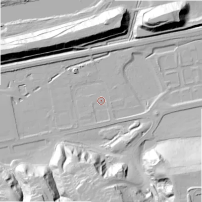 Shaded relief map of the ground around NE426PQ, computed from Environment Agency LiDAR. The ground here sits at about 12 m above sea level and falls 50 m across the surrounding 800 m. Surface water reaching this point runs off ground lying to the south-south-east, 1.5 m higher.