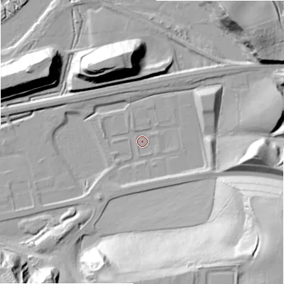 Shaded relief map of the ground around NE426PX, computed from Environment Agency LiDAR. The ground here sits at about 11 m above sea level and falls 49 m across the surrounding 800 m. Surface water reaching this point runs off ground lying to the north-north-west, 1.5 m higher.