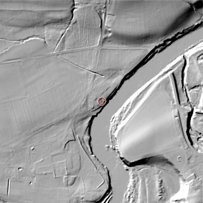 Shaded relief map of the ground around NE437AB, computed from Environment Agency LiDAR. The ground here sits at about 20 m above sea level and falls 25 m across the surrounding 800 m. Surface water reaching this point runs off ground lying to the north-north-west, 9.0 m higher.
