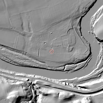 Shaded relief map of the ground around NE437AE, computed from Environment Agency LiDAR. The ground here sits at about 20 m above sea level and falls 45 m across the surrounding 800 m. Surface water reaching this point runs off ground lying to the north-north-east, 2.2 m higher.