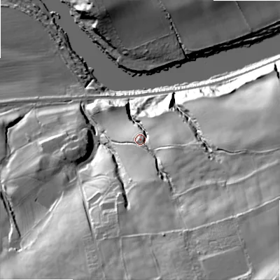 Shaded relief map of the ground around NE437DE, computed from Environment Agency LiDAR. The ground here sits at about 45 m above sea level and falls 83 m across the surrounding 800 m. Surface water reaching this point runs off ground lying to the south-east, 45.5 m higher.