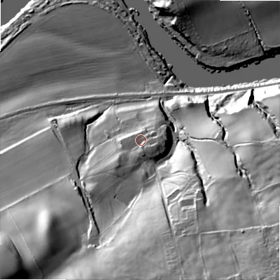 Shaded relief map of the ground around NE437DF, computed from Environment Agency LiDAR. The ground here sits at about 34 m above sea level and falls 71 m across the surrounding 800 m. Surface water reaching this point runs off ground lying to the south-west, 5.6 m higher.