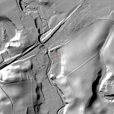 Shaded relief map of the ground around NE437ND, computed from Environment Agency LiDAR. The ground here sits at about 23 m above sea level and falls 45 m across the surrounding 800 m. Surface water reaching this point runs off ground lying to the south-south-east, 34.7 m higher.