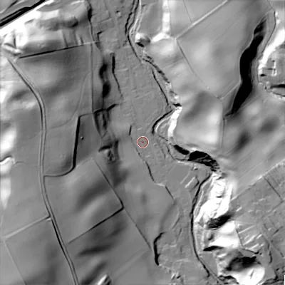 Shaded relief map of the ground around NE437QP, computed from Environment Agency LiDAR. The ground here sits at about 28 m above sea level and falls 56 m across the surrounding 800 m. Surface water reaching this point runs off ground lying to the south-west, 40.7 m higher.