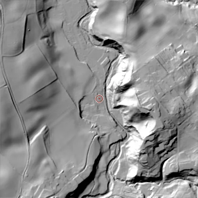 Shaded relief map of the ground around NE437QU, computed from Environment Agency LiDAR. The ground here sits at about 31 m above sea level and falls 55 m across the surrounding 800 m. Surface water reaching this point runs off ground lying to the west-south-west, 38.3 m higher.