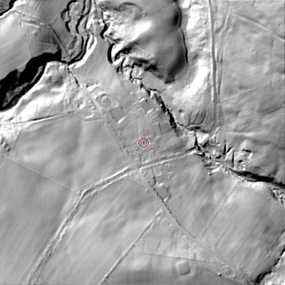 Shaded relief map of the ground around NE437SB, computed from Environment Agency LiDAR. The ground here sits at about 93 m above sea level and falls 87 m across the surrounding 800 m. Surface water reaching this point runs off ground lying to the south-south-west, 16.4 m higher.