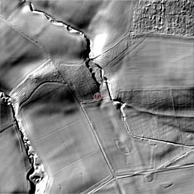 Shaded relief map of the ground around NE437TS, computed from Environment Agency LiDAR. The ground here sits at about 31 m above sea level and falls 47 m across the surrounding 800 m. Surface water reaching this point runs off ground lying to the north-west, 9.1 m higher.