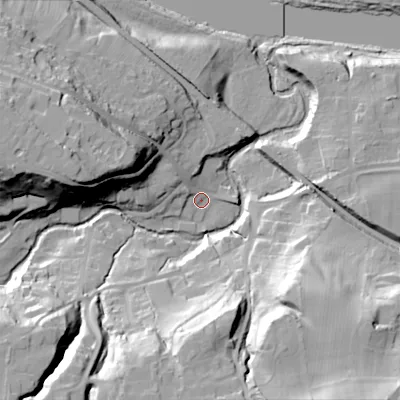 Shaded relief map of the ground around NE446DG, computed from Environment Agency LiDAR. The ground here sits at about 25 m above sea level and falls 49 m across the surrounding 800 m. Surface water reaching this point runs off ground lying to the west-north-west, 35.4 m higher.