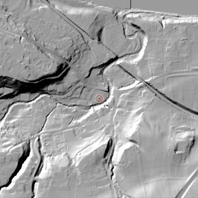 Shaded relief map of the ground around NE446DH, computed from Environment Agency LiDAR. The ground here sits at about 25 m above sea level and falls 54 m across the surrounding 800 m. Surface water reaching this point runs off ground lying to the south-west, 41.2 m higher.