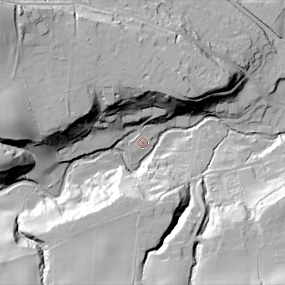 Shaded relief map of the ground around NE446DN, computed from Environment Agency LiDAR. The ground here sits at about 30 m above sea level and falls 48 m across the surrounding 800 m. Surface water reaching this point runs off ground lying to the north-west, 42.4 m higher.