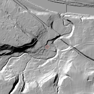 Shaded relief map of the ground around NE446DQ, computed from Environment Agency LiDAR. The ground here sits at about 26 m above sea level and falls 45 m across the surrounding 800 m. Surface water reaching this point runs off ground lying to the west, 35.4 m higher.