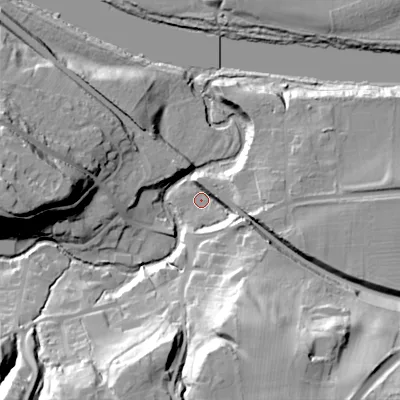 Shaded relief map of the ground around NE446EN, computed from Environment Agency LiDAR. The ground here sits at about 24 m above sea level and falls 42 m across the surrounding 800 m. Surface water reaching this point runs off ground lying to the east-south-east, 10.9 m higher.