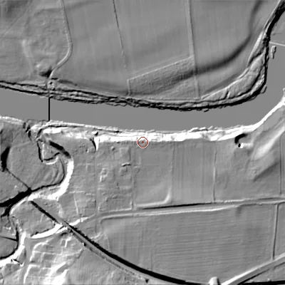 Shaded relief map of the ground around NE446EQ, computed from Environment Agency LiDAR. The ground here sits at about 31 m above sea level and falls 33 m across the surrounding 800 m. Surface water reaching this point runs off ground lying to the south-south-west, 2.5 m higher.