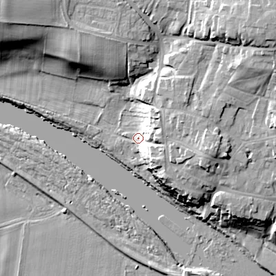 Shaded relief map of the ground around NE455AL, computed from Environment Agency LiDAR. The ground here sits at about 30 m above sea level and falls 30 m across the surrounding 800 m. Surface water reaching this point runs off ground lying to the east, 17.6 m higher.