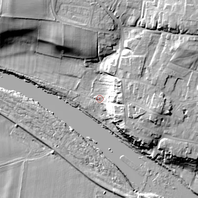 Shaded relief map of the ground around NE455AN, computed from Environment Agency LiDAR. The ground here sits at about 28 m above sea level and falls 30 m across the surrounding 800 m. Surface water reaching this point runs off ground lying to the east, 17.8 m higher.