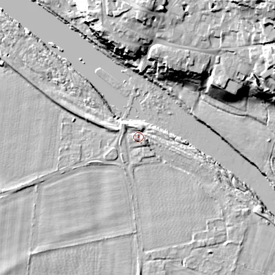 Shaded relief map of the ground around NE455AR, computed from Environment Agency LiDAR. The ground here sits at about 29 m above sea level and falls 34 m across the surrounding 800 m. Surface water reaching this point runs off ground lying to the west-north-west, 3.0 m higher.