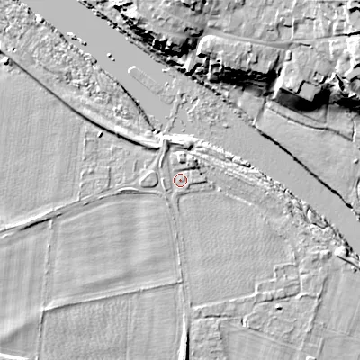 Shaded relief map of the ground around NE455AX, computed from Environment Agency LiDAR. The ground here sits at about 27 m above sea level and falls 29 m across the surrounding 800 m. Surface water reaching this point runs off ground lying to the north-east, 2.2 m higher.