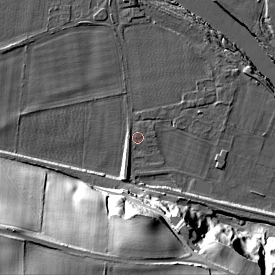 Shaded relief map of the ground around NE455AY, computed from Environment Agency LiDAR. The ground here sits at about 26 m above sea level and falls 42 m across the surrounding 800 m. Surface water reaching this point runs off ground lying to the south, 38.2 m higher.