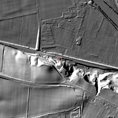 Shaded relief map of the ground around NE455AZ, computed from Environment Agency LiDAR. The ground here sits at about 30 m above sea level and falls 50 m across the surrounding 800 m. Surface water reaching this point runs off ground lying to the south, 26.7 m higher.