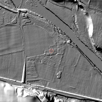 Shaded relief map of the ground around NE455BA, computed from Environment Agency LiDAR. The ground here sits at about 27 m above sea level and falls 39 m across the surrounding 800 m. Surface water reaching this point runs off ground lying to the south-west, 0.6 m higher.