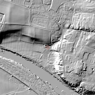 Shaded relief map of the ground around NE455HF, computed from Environment Agency LiDAR. The ground here sits at about 31 m above sea level and falls 29 m across the surrounding 800 m. Surface water reaching this point runs off ground lying to the north-east, 23.0 m higher.