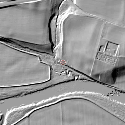 Shaded relief map of the ground around NE455NU, computed from Environment Agency LiDAR. The ground here sits at about 30 m above sea level and falls 25 m across the surrounding 800 m. Surface water reaching this point runs off ground lying to the north-north-west, 20.8 m higher.