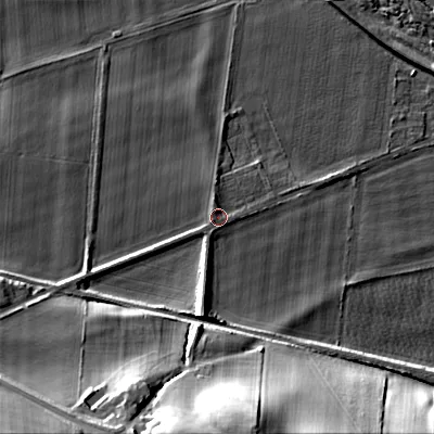 Shaded relief map of the ground around NE455QT, computed from Environment Agency LiDAR. The ground here sits at about 29 m above sea level and falls 32 m across the surrounding 800 m. Surface water reaching this point runs off ground lying to the south-south-west, 19.2 m higher.