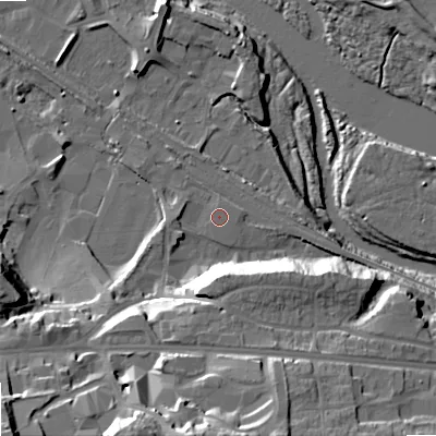 Shaded relief map of the ground around NE461AJ, computed from Environment Agency LiDAR. The ground here sits at about 35 m above sea level and falls 36 m across the surrounding 800 m. The ground contributing surface water to this point lies to the south-west.