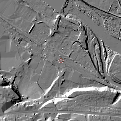 Shaded relief map of the ground around NE461ET, computed from Environment Agency LiDAR. The ground here sits at about 35 m above sea level and falls 29 m across the surrounding 800 m. Surface water reaching this point runs off ground lying to the west, 1.9 m higher.