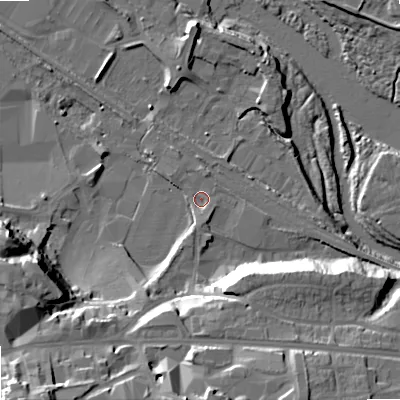Shaded relief map of the ground around NE461EU, computed from Environment Agency LiDAR. The ground here sits at about 35 m above sea level and falls 33 m across the surrounding 800 m. Surface water reaching this point runs off ground lying to the south, 2.2 m higher.