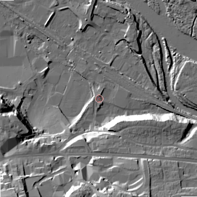 Shaded relief map of the ground around NE461EX, computed from Environment Agency LiDAR. The ground here sits at about 37 m above sea level and falls 38 m across the surrounding 800 m. Surface water reaching this point runs off ground lying to the west-south-west, 1.5 m higher.