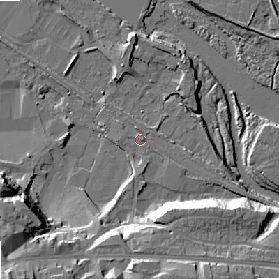 Shaded relief map of the ground around NE461EZ, computed from Environment Agency LiDAR. The ground here sits at about 36 m above sea level and falls 29 m across the surrounding 800 m. Surface water reaching this point runs off ground lying to the west, 1.9 m higher.