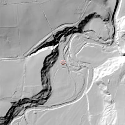 Shaded relief map of the ground around NE461SE, computed from Environment Agency LiDAR. The ground here sits at about 71 m above sea level and falls 67 m across the surrounding 800 m. Surface water reaching this point runs off ground lying to the south-west, 33.9 m higher.