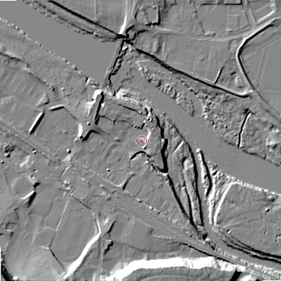 Shaded relief map of the ground around NE461XL, computed from Environment Agency LiDAR. The ground here sits at about 34 m above sea level and falls 23 m across the surrounding 800 m. Surface water reaching this point runs off ground lying to the north, 2.4 m higher.
