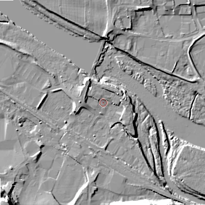 Shaded relief map of the ground around NE461XP, computed from Environment Agency LiDAR. The ground here sits at about 34 m above sea level and falls 24 m across the surrounding 800 m. Surface water reaching this point runs off ground lying to the north-west, 4.9 m higher.
