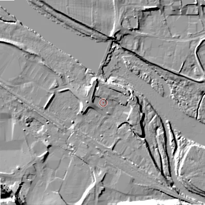 Shaded relief map of the ground around NE461XS, computed from Environment Agency LiDAR. The ground here sits at about 34 m above sea level and falls 25 m across the surrounding 800 m. Surface water reaching this point runs off ground lying to the north-north-west, 4.9 m higher.