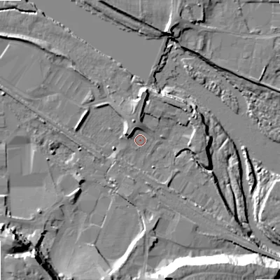 Shaded relief map of the ground around NE461XT, computed from Environment Agency LiDAR. The ground here sits at about 34 m above sea level and falls 26 m across the surrounding 800 m. Surface water reaching this point runs off ground lying to the west-north-west, 3.7 m higher.