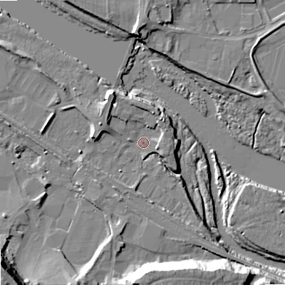 Shaded relief map of the ground around NE461XW, computed from Environment Agency LiDAR. The ground here sits at about 34 m above sea level and falls 24 m across the surrounding 800 m. Surface water reaching this point runs off ground lying to the north-north-west, 5.6 m higher.