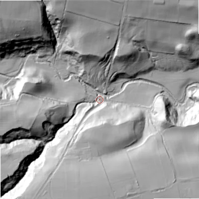 Shaded relief map of the ground around NE461YA, computed from Environment Agency LiDAR. The ground here sits at about 114 m above sea level and falls 74 m across the surrounding 800 m. Surface water reaching this point runs off ground lying to the north-west, 66.0 m higher.