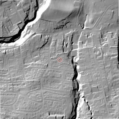 Shaded relief map of the ground around NE462AA, computed from Environment Agency LiDAR. The ground here sits at about 72 m above sea level and falls 72 m across the surrounding 800 m. Surface water reaching this point runs off ground lying to the south-west, 14.6 m higher.