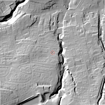 Shaded relief map of the ground around NE462AH, computed from Environment Agency LiDAR. The ground here sits at about 80 m above sea level and falls 72 m across the surrounding 800 m. Surface water reaching this point runs off ground lying to the south-south-west, 35.3 m higher.