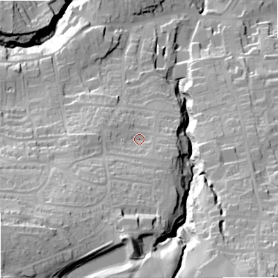 Shaded relief map of the ground around NE462AJ, computed from Environment Agency LiDAR. The ground here sits at about 83 m above sea level and falls 73 m across the surrounding 800 m. Surface water reaching this point runs off ground lying to the south-west, 40.5 m higher.