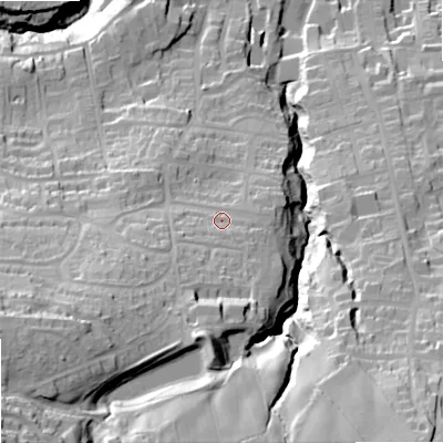Shaded relief map of the ground around NE462AL, computed from Environment Agency LiDAR. The ground here sits at about 89 m above sea level and falls 79 m across the surrounding 800 m. Surface water reaching this point runs off ground lying to the west-south-west, 32.7 m higher.