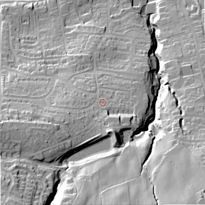 Shaded relief map of the ground around NE462AP, computed from Environment Agency LiDAR. The ground here sits at about 100 m above sea level and falls 78 m across the surrounding 800 m. Surface water reaching this point runs off ground lying to the west-south-west, 24.5 m higher.
