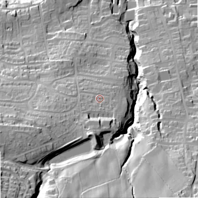 Shaded relief map of the ground around NE462AW, computed from Environment Agency LiDAR. The ground here sits at about 95 m above sea level and falls 76 m across the surrounding 800 m. Surface water reaching this point runs off ground lying to the south-south-west, 13.8 m higher.