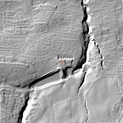 Shaded relief map of the ground around NE462BF, computed from Environment Agency LiDAR. The ground here sits at about 107 m above sea level and falls 83 m across the surrounding 800 m. Surface water reaching this point runs off ground lying to the south-south-west, 13.0 m higher.