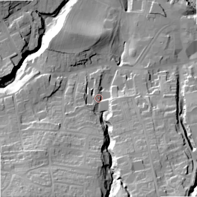 Shaded relief map of the ground around NE462DB, computed from Environment Agency LiDAR. The ground here sits at about 63 m above sea level and falls 71 m across the surrounding 800 m. Surface water reaching this point runs off ground lying to the south-south-west, 43.4 m higher.