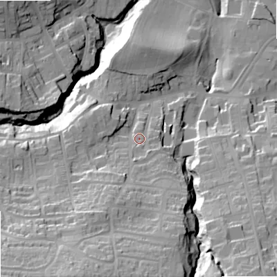 Shaded relief map of the ground around NE462EN, computed from Environment Agency LiDAR. The ground here sits at about 68 m above sea level and falls 65 m across the surrounding 800 m. Surface water reaching this point runs off ground lying to the south, 6.7 m higher.